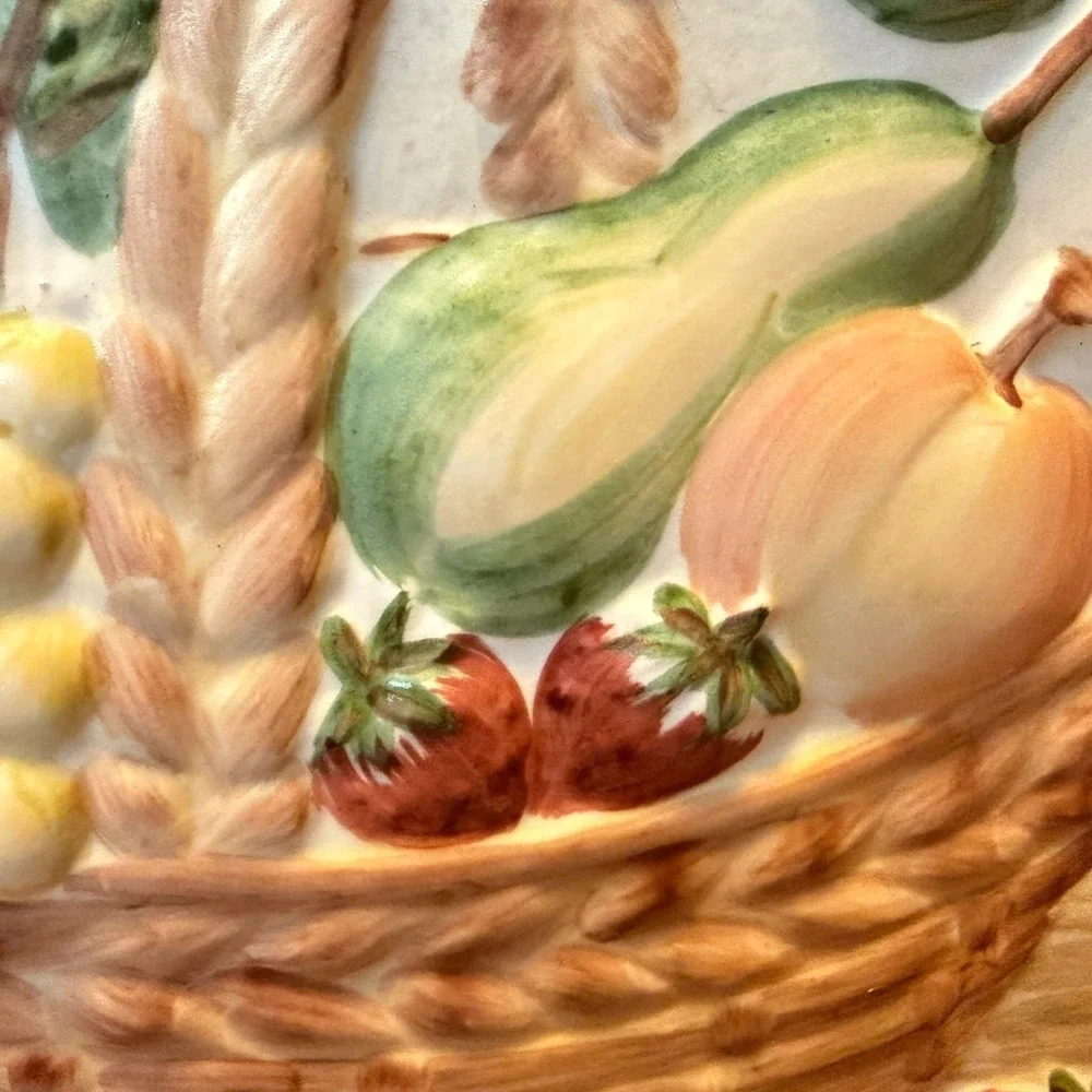 Vintage Ceramic Fruit Basket Wall Plaque 3D Relief Hand Painted Farmhouse 12x9